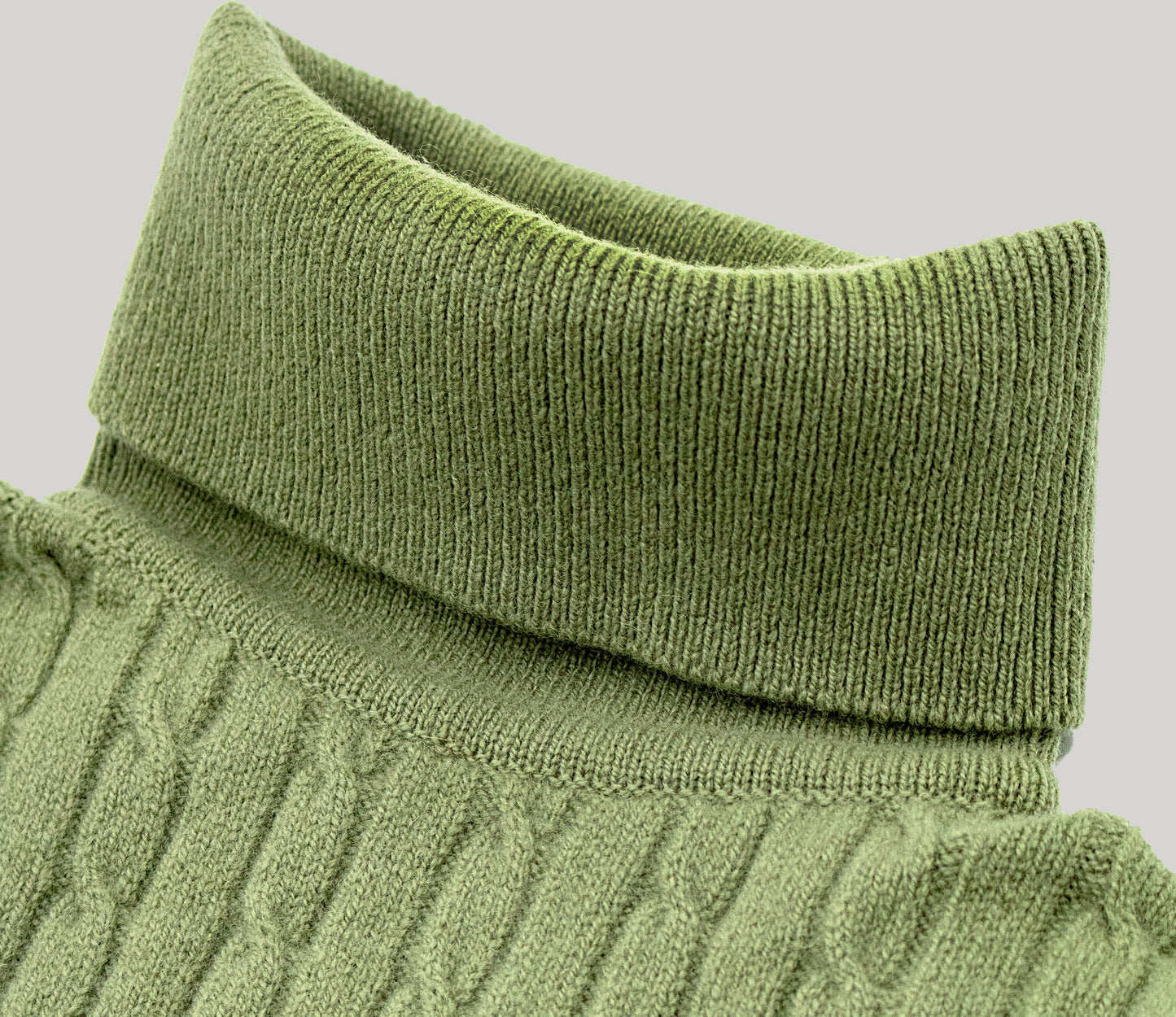 Geelong Lambswool Cable Roll Neck Jumper in Green