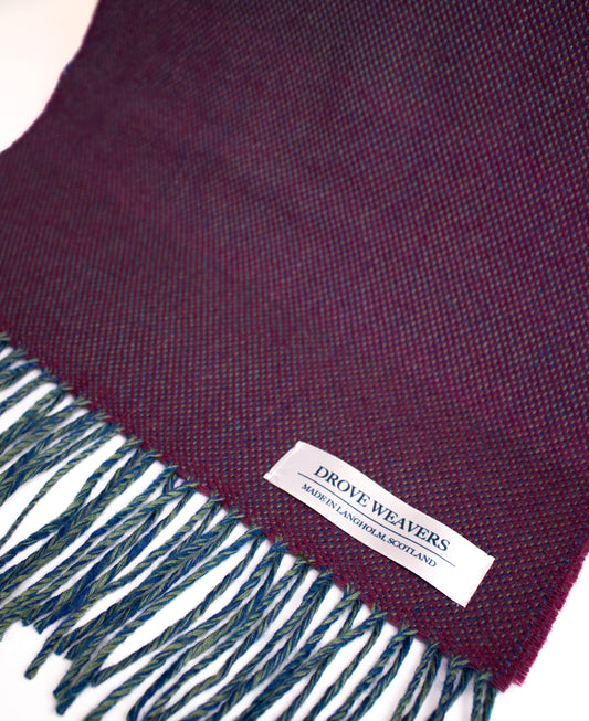 Herringbone Cashmere Geelong Scarf in Mulberry with  Teal & Moorland Warp