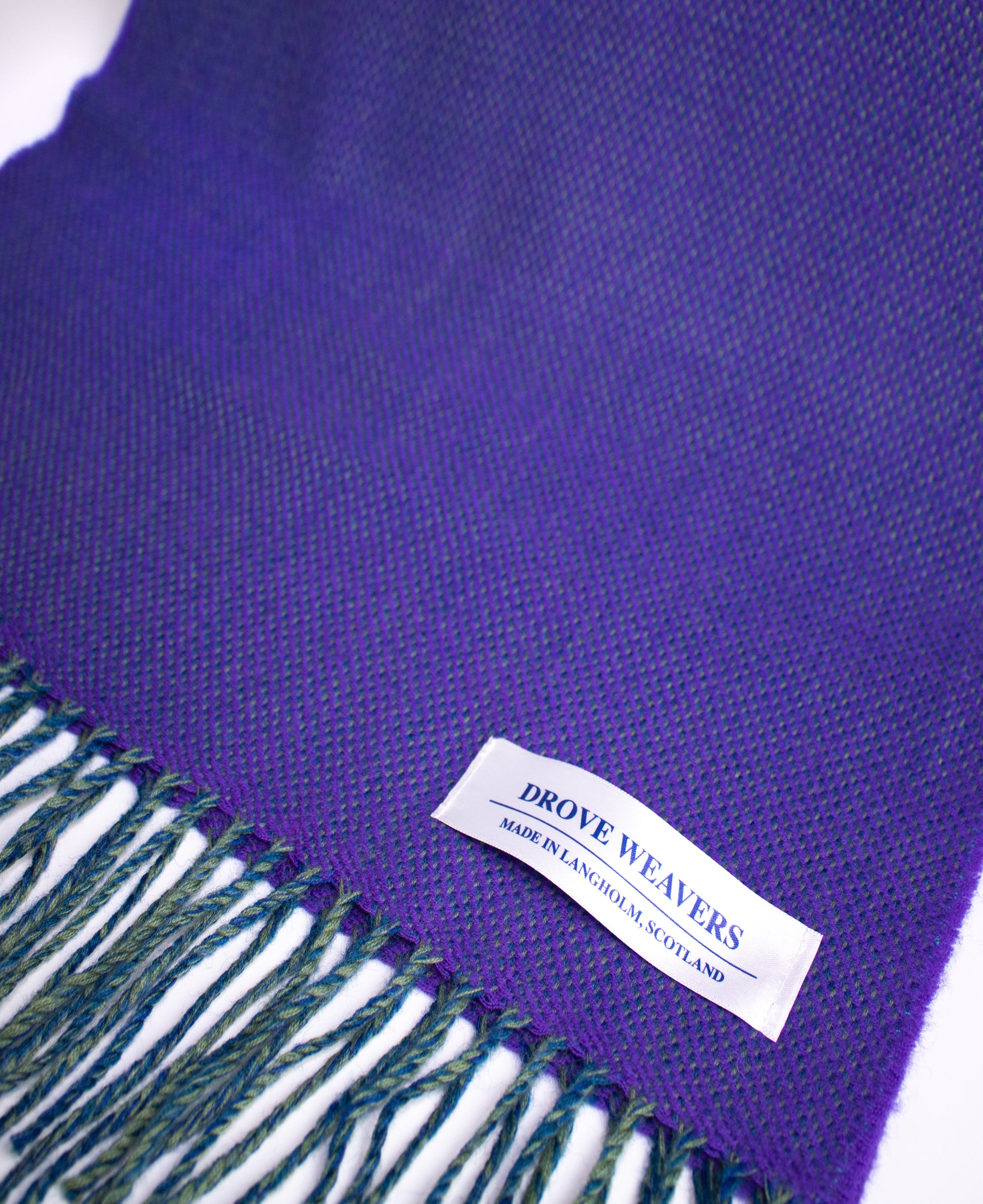 Herringbone Cashmere Geelong Scarf in Purple with Teal & Moorland Warp
