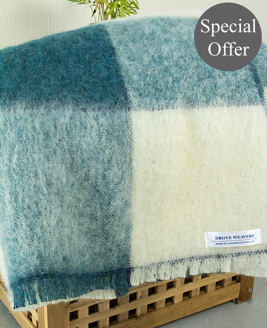 Mohair Wool Blend Throw in Ecru & Teal Block Design
