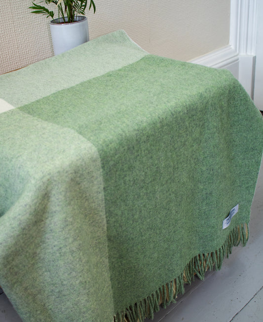 Geelong Cashmere Mix Block Check Throw in Soft Green & Cream