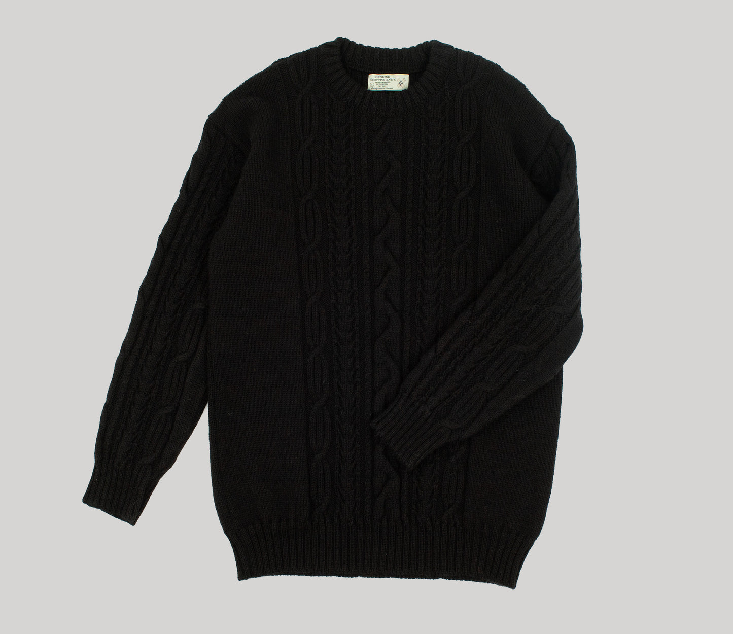 Aran Cable Knit Crew Neck Jumper in Black