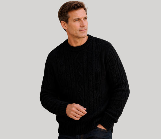 Aran Cable Knit Crew Neck Jumper in Black