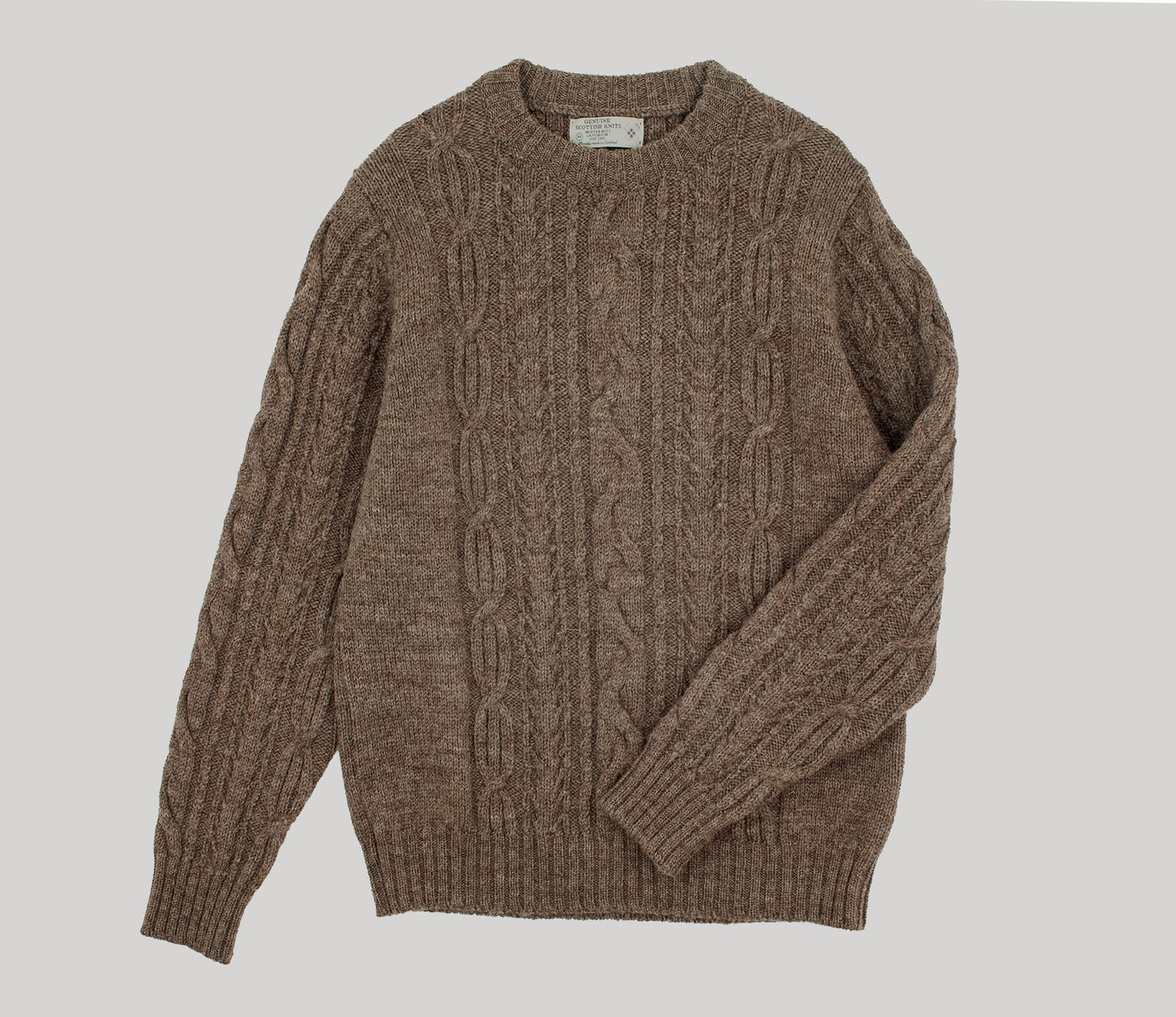 Aran Cable Knit Crew Neck Jumper in Taupe