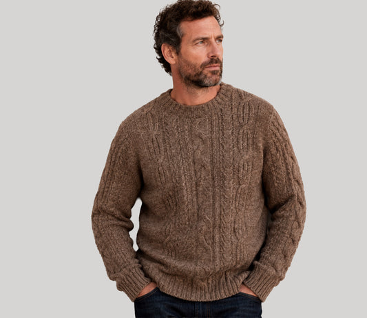 Aran Cable Knit Crew Neck Jumper in Taupe