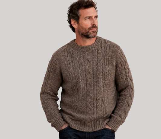 Aran Cable Knit Crew Neck Jumper in Taupe