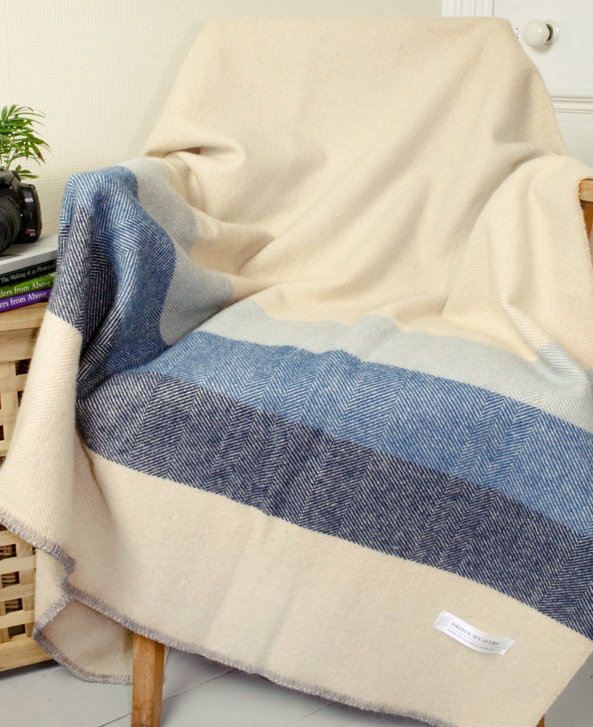 Wool Stripe Blanket in Ecru with Blue Stripe