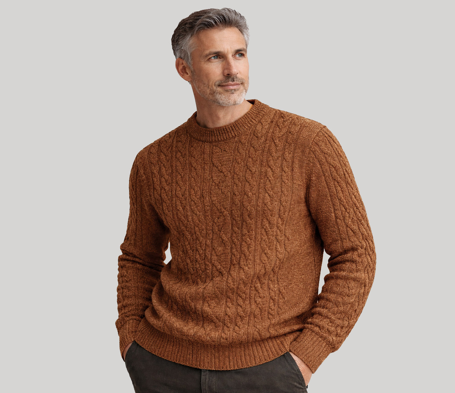 Aran Cable Knit Crew Neck Jumper in Rust