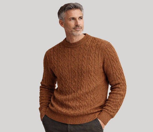Aran Cable Knit Crew Neck Jumper in Rust
