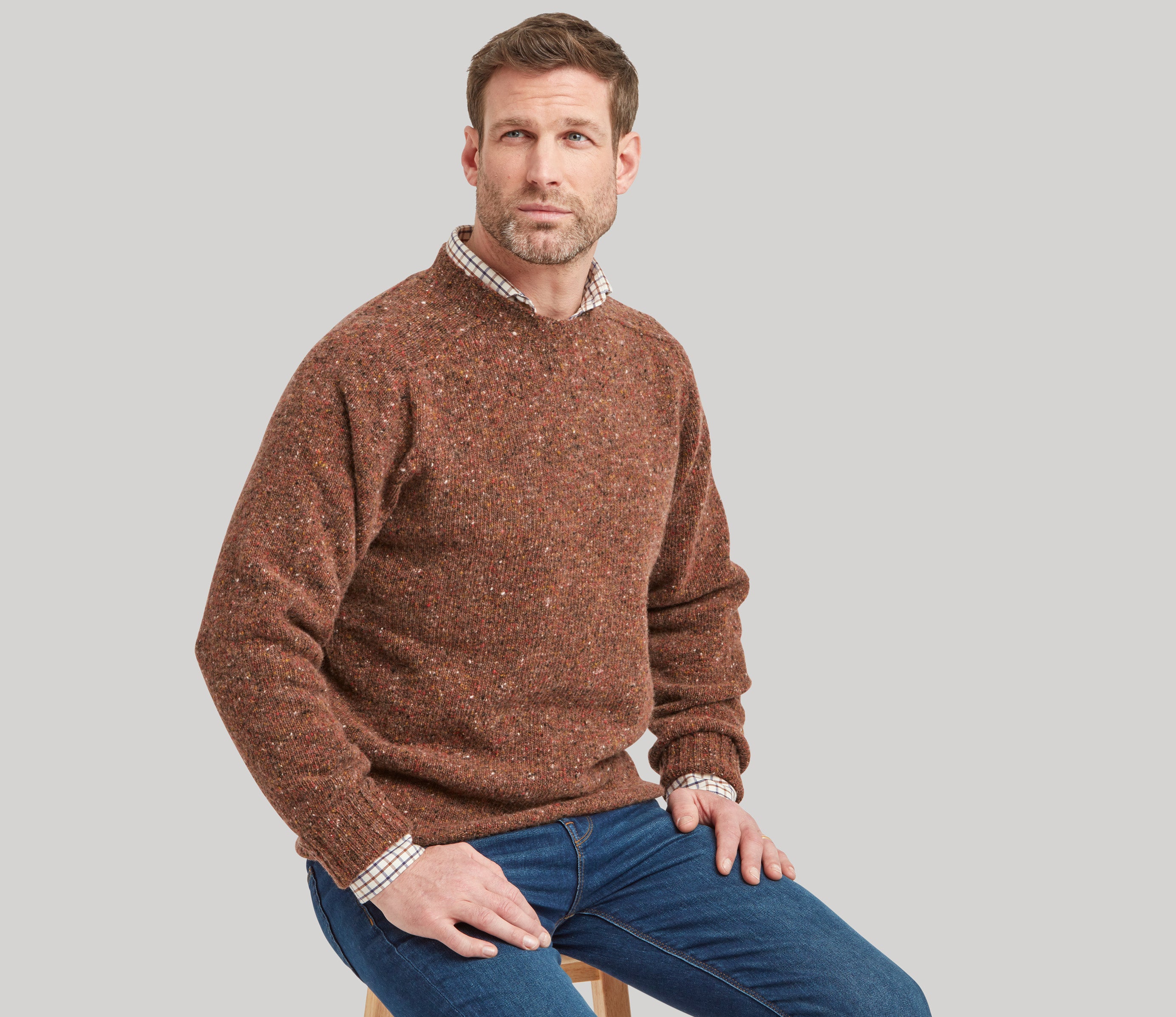 Merino Wool Donegal Crew Neck Jumper in Rust Tweed – Genuine Scottish Knits
