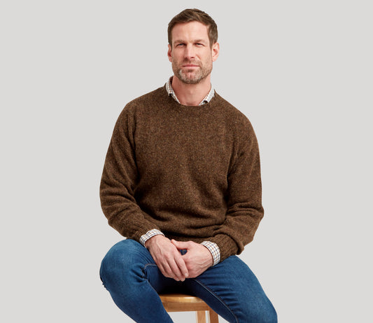 Classic Shetland Crew Neck Jumper in Oak Brown